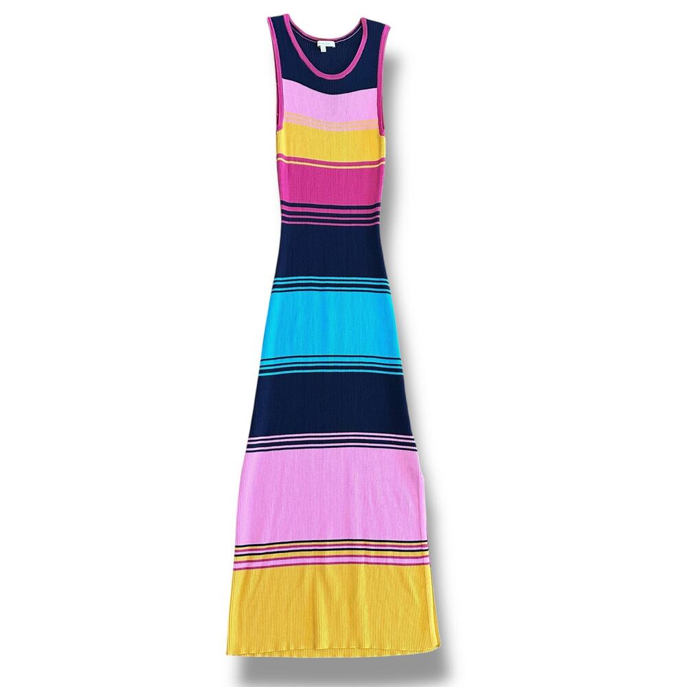 Skies Are Blue XS Ribbed Knit Striped Midi Dress Pink Navy Bodycon
